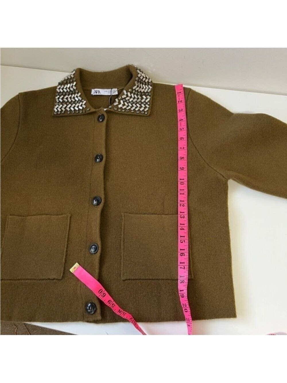 Zara ZW Collection 100% Wool Jewel Collar Cardigan Size XL - Picture 15 of 15